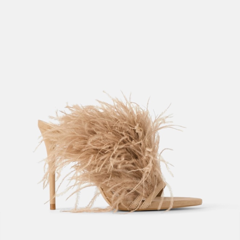 ZARA feathery strappy leather stiletto mules w explosion chic 8 NWOT nude